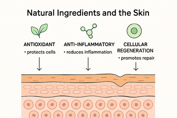 “Scientific diagram showing natural ingredients like green tea, niacinamide, and zinc oxide in skincare”