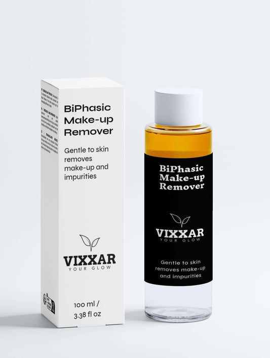 Vixxar BiPhasic Make-up Remover for gentle skin cleansing and impurity removal. Radiance boosting skincare product.