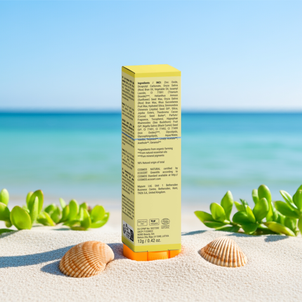 Clear SPF 50 Mineral Sunscreen Stick with non-nano zinc oxide on beach with seashells