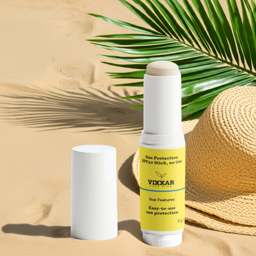 Vixxar Clear SPF 50 Mineral Sunscreen Stick on sandy beach with palm leaf, sun protection for all skin types.
