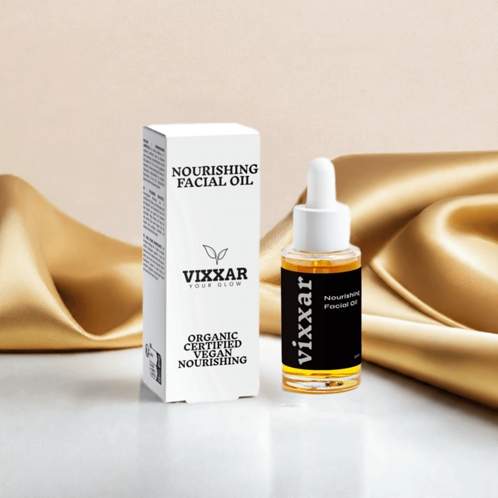 Nourishing Facial Oil 30ml with organic-certified oils for radiant, youthful skin, packaged elegantly against a silky brown background.