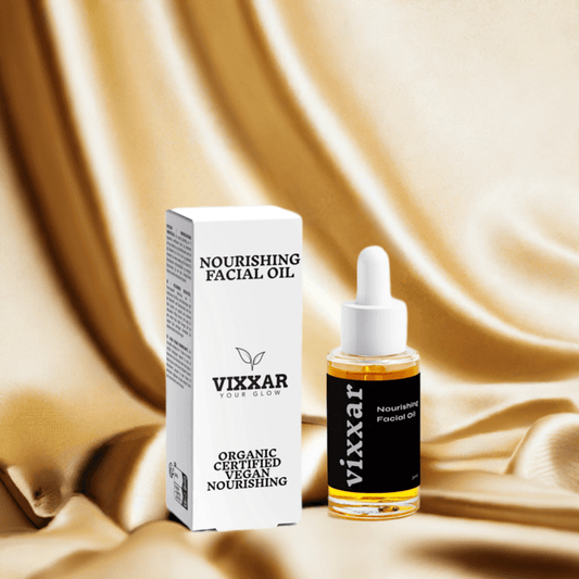 Nourishing Facial Oil 30ml from Vixxar for organic skin hydration, featuring elegant packaging on a golden satin background.