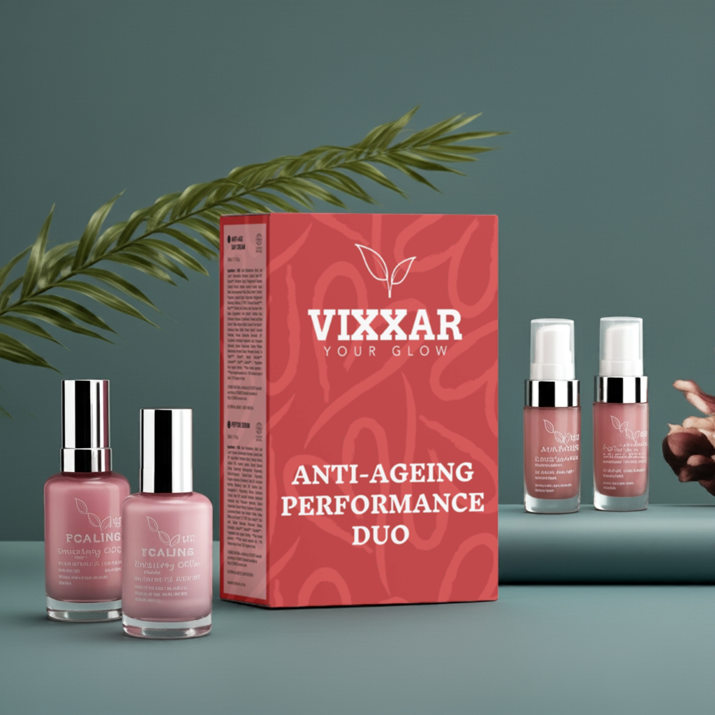 Vixxar Anti-Ageing Performance Duo with Peptide Serum & Firming Day Cream set on a stylish background