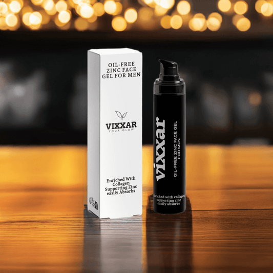 Vixxar Oil-Free Zinc Face Gel for Men – Lightweight hydration, shine control, enriched with collagen, skincare product image.