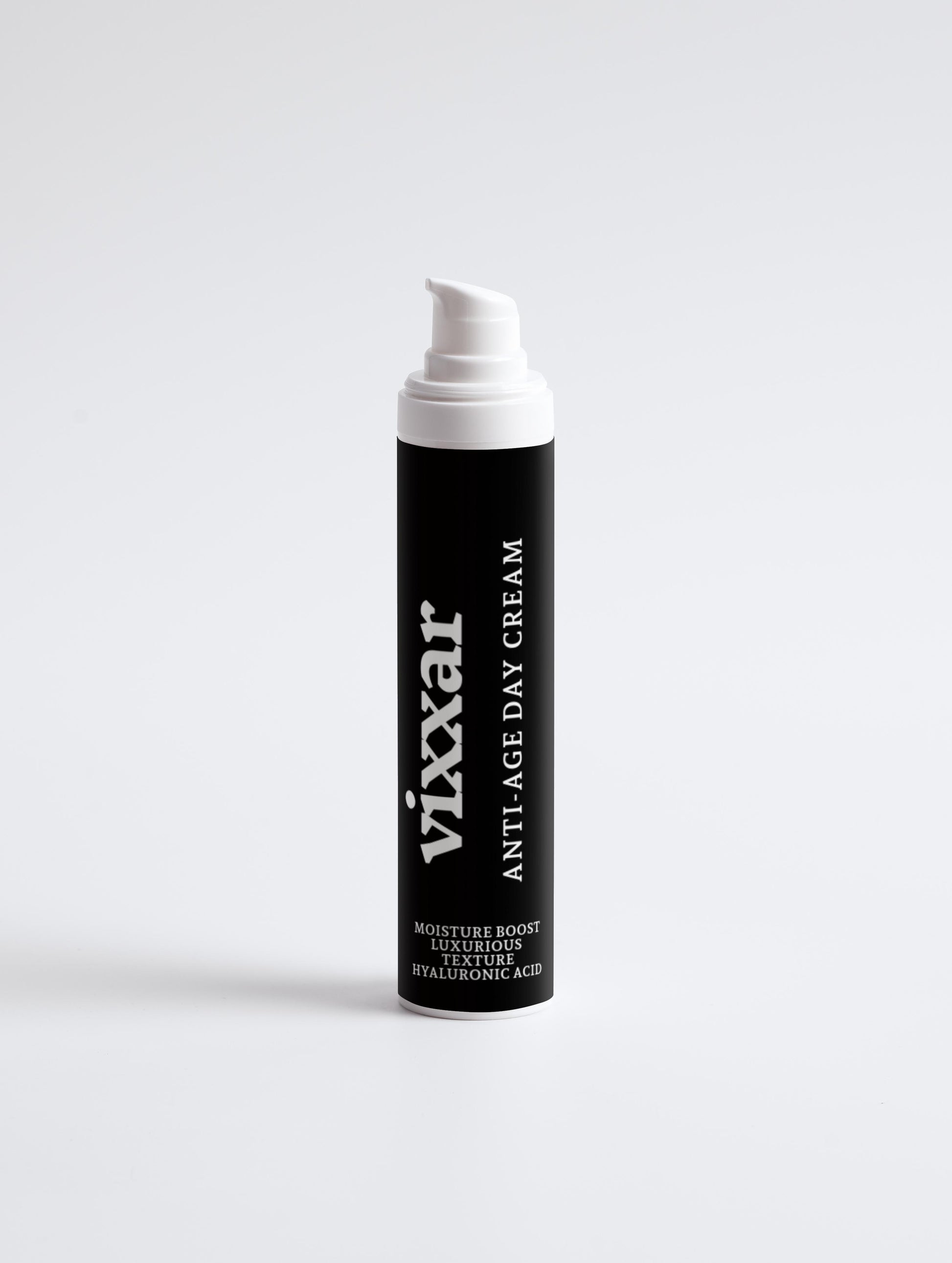 Vixxar Anti-Ageing Day Cream bottle with white pump, featuring moisture boost and hyaluronic acid for youthful skin care.