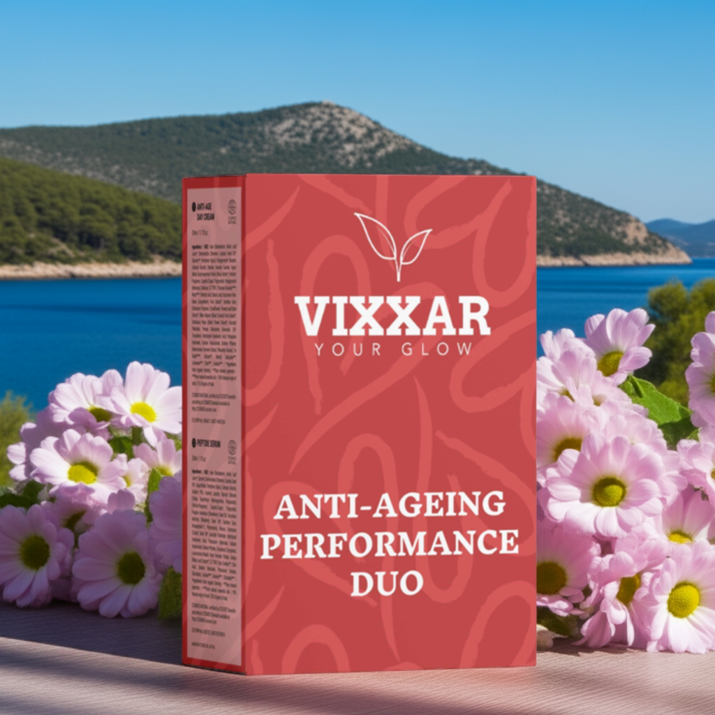 Vixxar Anti-Ageing Performance Duo Peptide Serum & Firming Day Cream set by the sea with flowers.