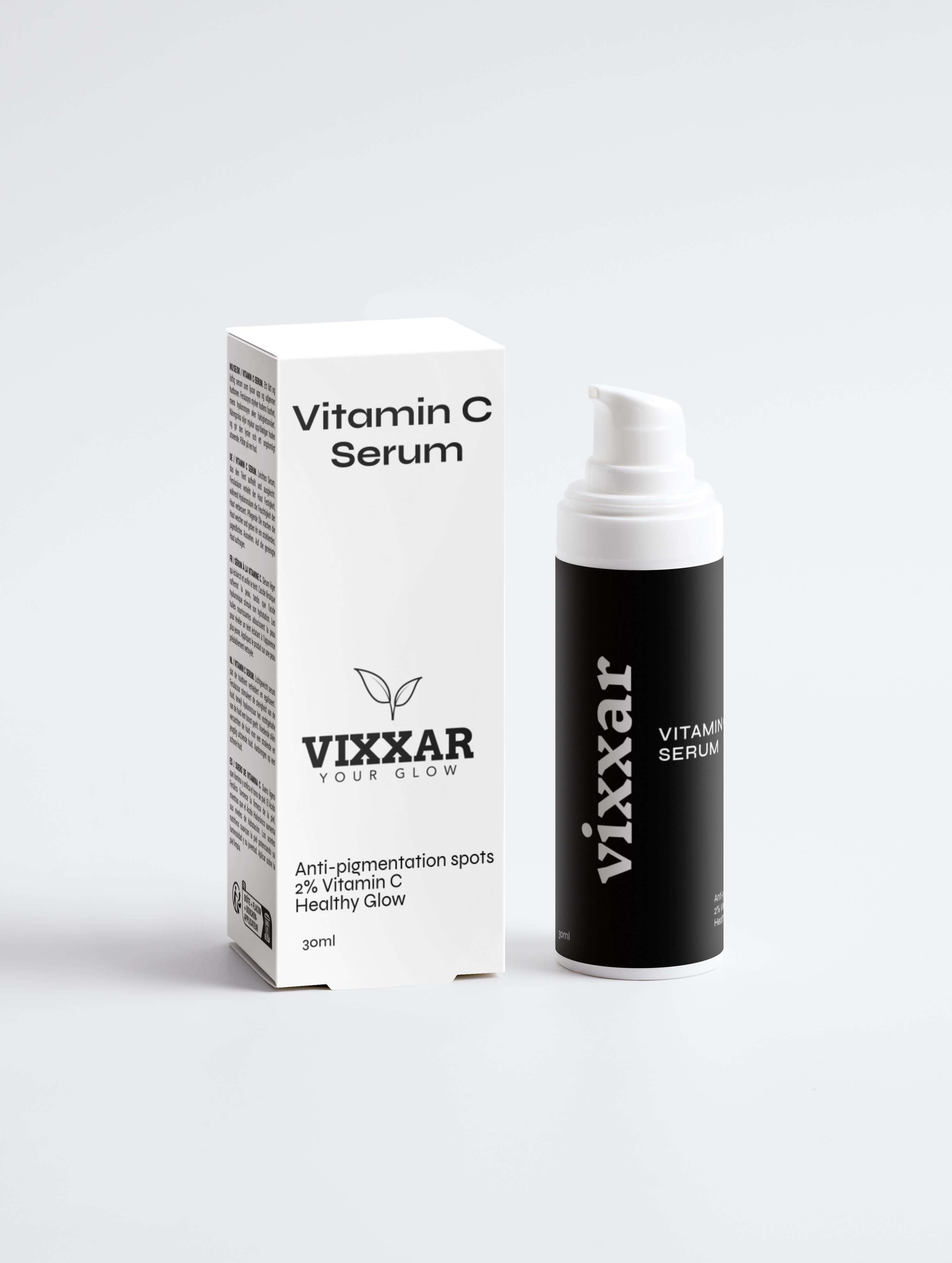 Vixxar Vitamin C Serum for brightening and correcting dark spots, featuring active ingredients to enhance skin radiance and even tone.