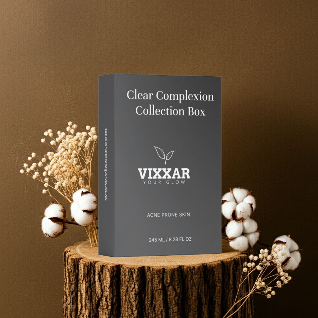 VIXXAR clear complexion collection box on a wooden stump with cotton and flowers against a brown background