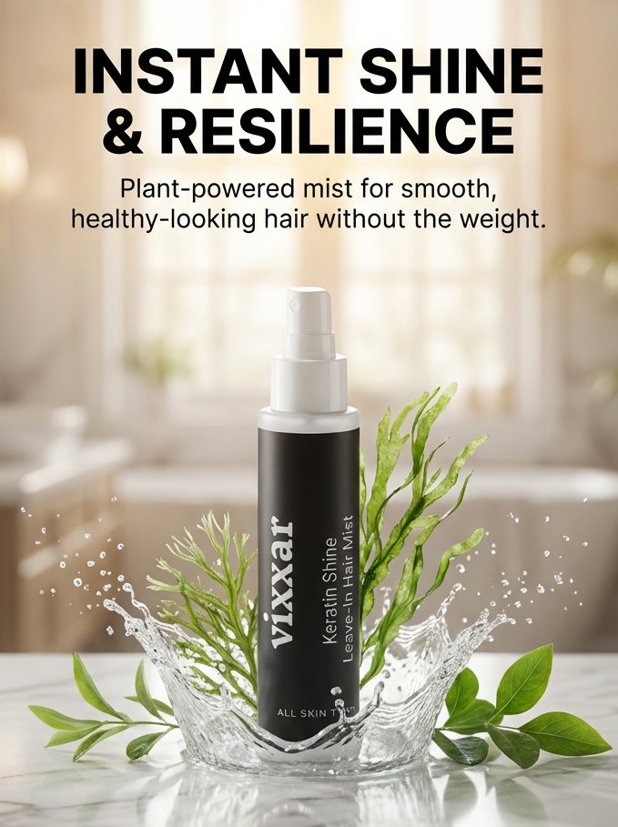 Vixxar Keratin Mist bottle with green leaves on a marble surface, indoor setting.
