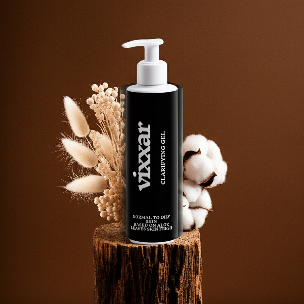 Vixxar clarifying gel bottle on a wooden block with decorative elements against a brown background