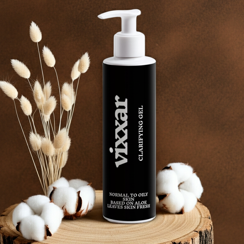 Vixxar clarifying gel bottle on a wooden stump with cotton and dried flowers against a brown background
