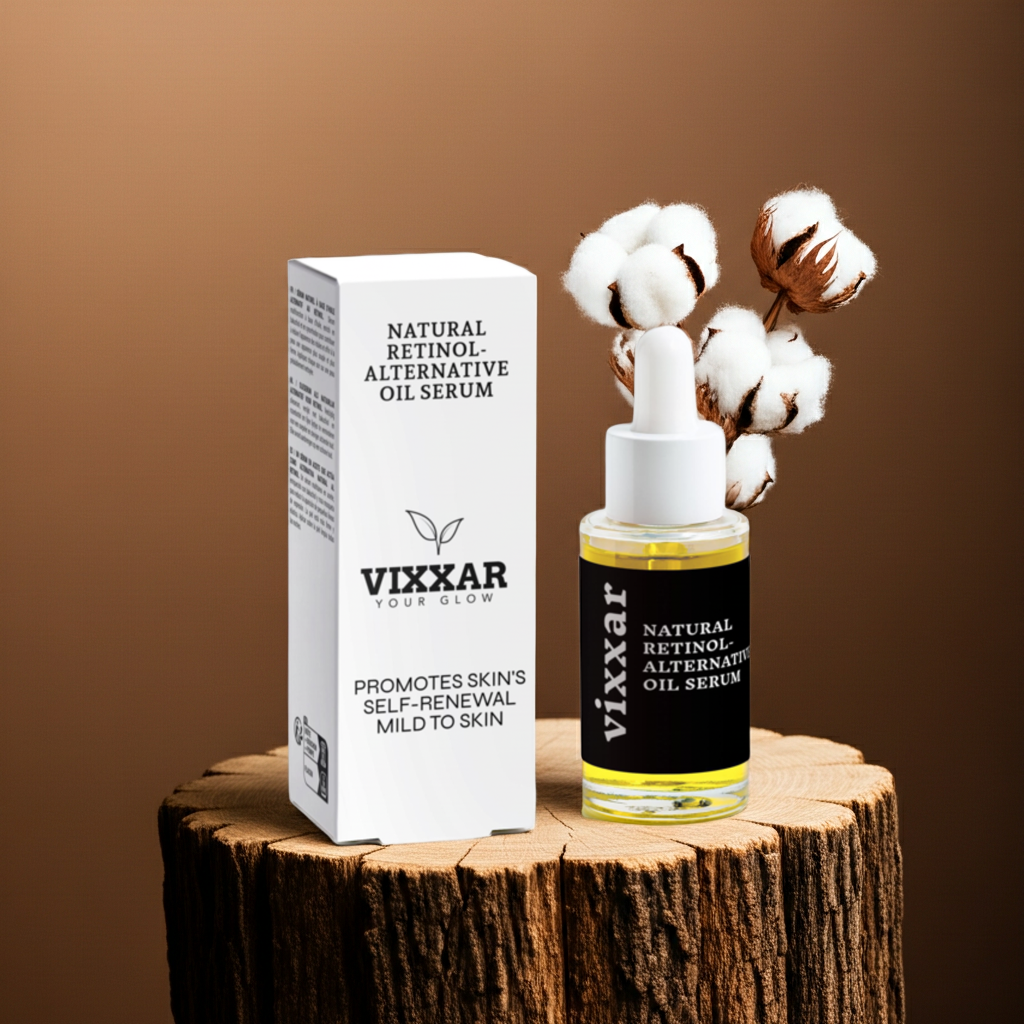 Vixxar natural retinol alternative oil serum bottle and packaging on a wooden surface with a brown background