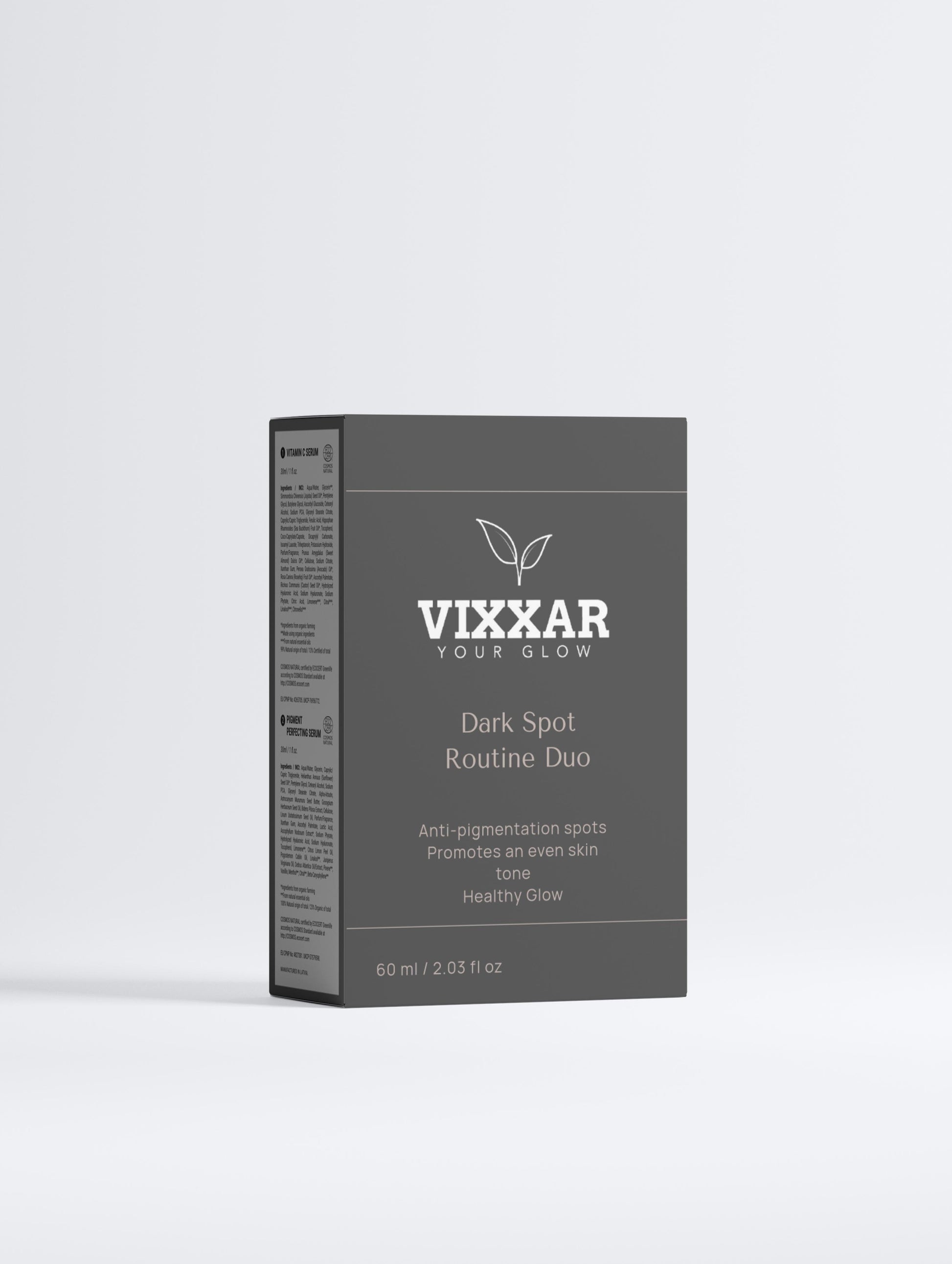 Dark Spot Routine Duo box with brightening & pigment-correcting serums by Vixxar
