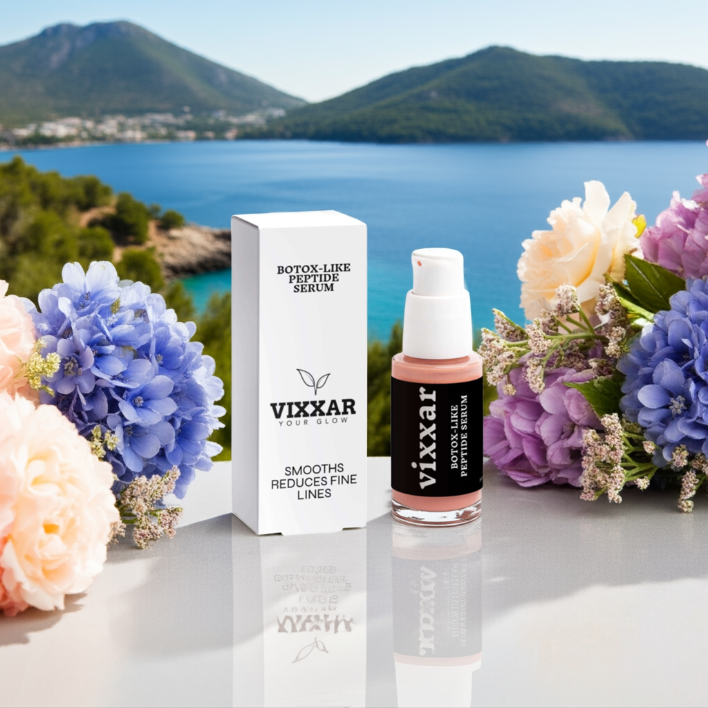 Vixxar Peptide Serum set against a scenic ocean backdrop with colorful flowers, promising to reduce fine lines and smooth skin.