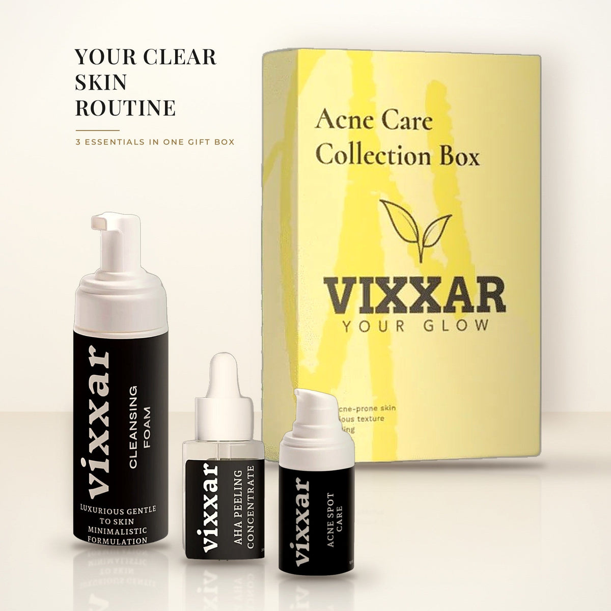 Vixxar Acne Care Collection Box gift set with Cleansing Foam, AHA Peeling Concentrate and Acne Spot Care Serum in front of the gift box