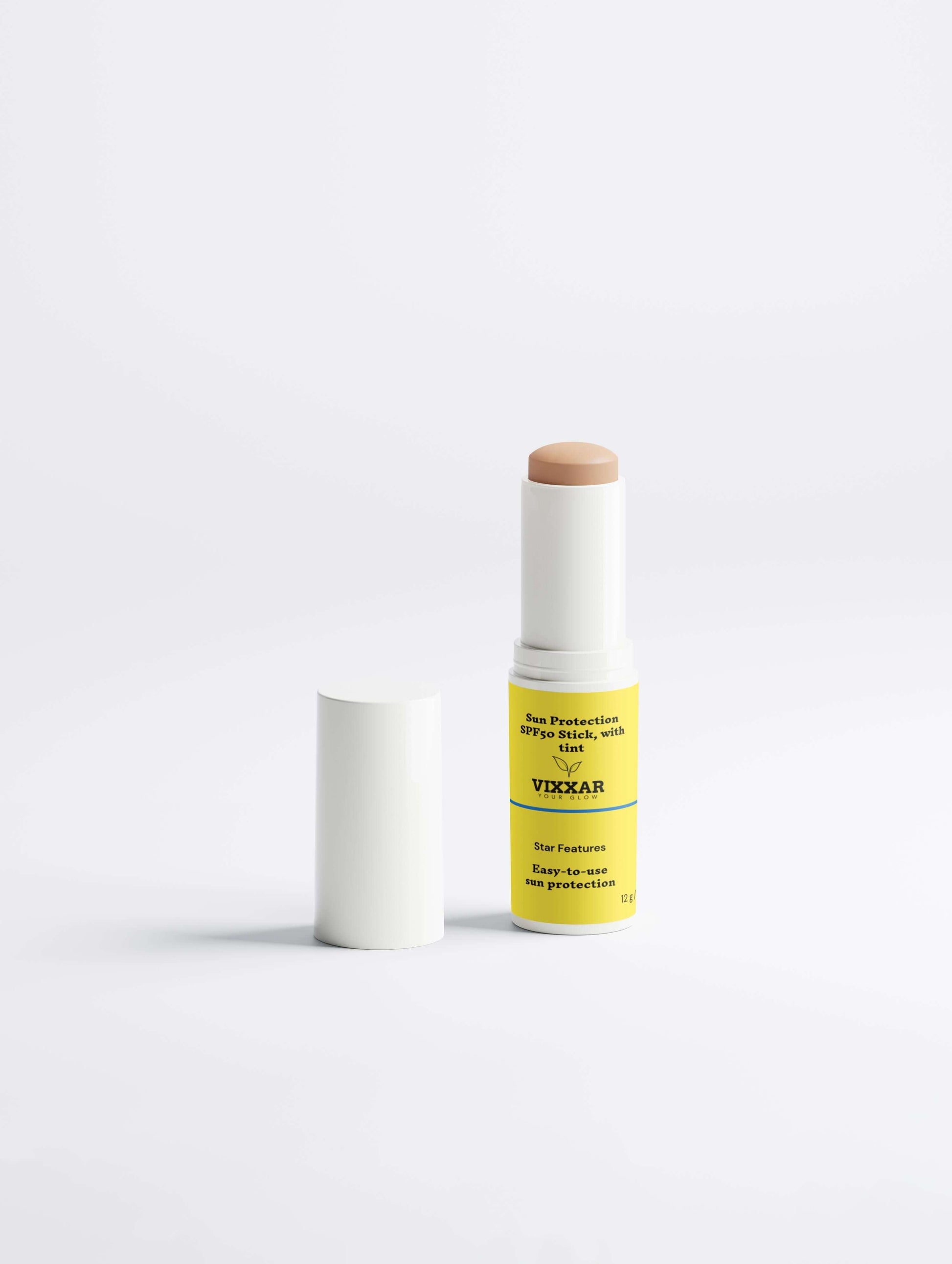 Tinted SPF 50 Mineral Sunscreen Stick offering high protection and sheer coverage in a convenient packaging for on-the-go application.