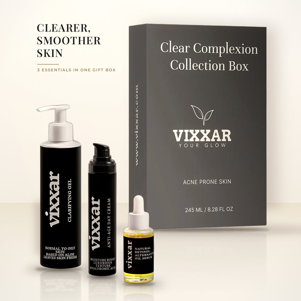 Vixxar Clear Complexion Collection Box gift set with Clarifying Aloe Vera Gel Cleanser, Anti-Age Day Cream and Natural Retinol Alternative Oil Serum in front of the gift box