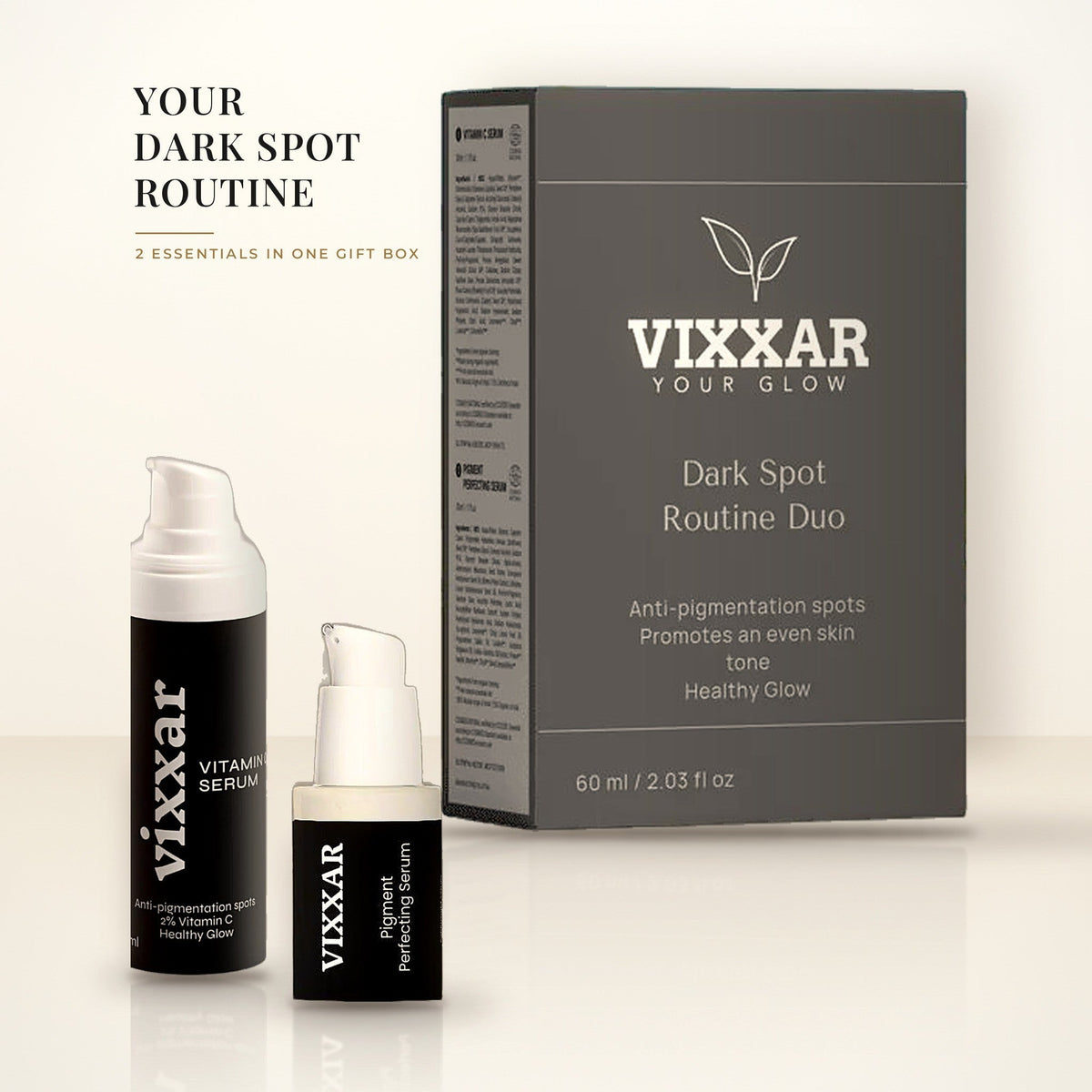 Vixxar Dark Spot Routine Duo gift set with Vitamin C Serum and Pigment Perfecting Serum in front of the gift box