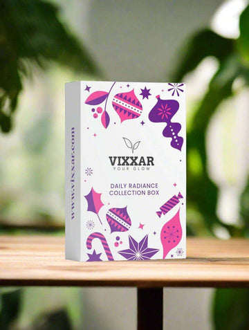 Daily Radiance Collection Box by Vixxar on table with vivid design, includes cleansing foam, facial oil, and moisturizing day cream.