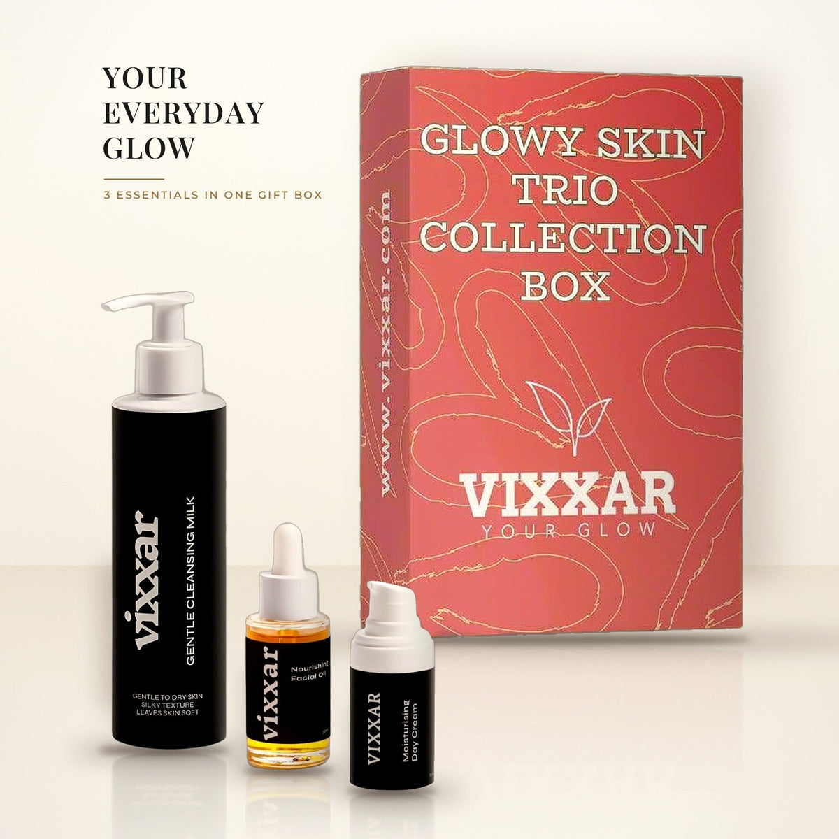 Vixxar Glowy Skin Trio Collection Box gift set with Gentle Cleansing Milk, Nourishing Facial Oil and Moisturising Day Cream in front of the gift box