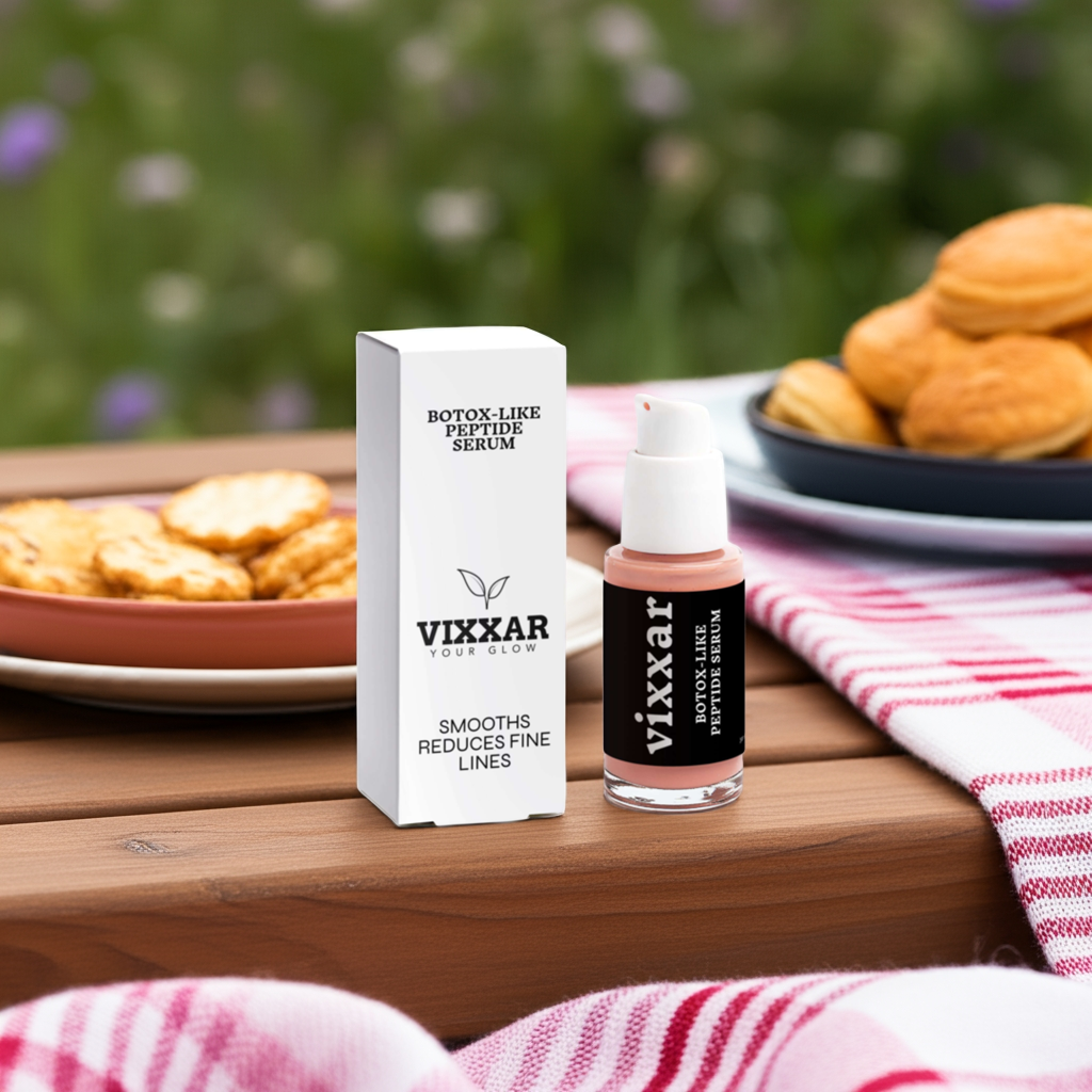 Vixxar Peptide Serum for anti-aging, displayed on a picnic table with snacks in the background.
