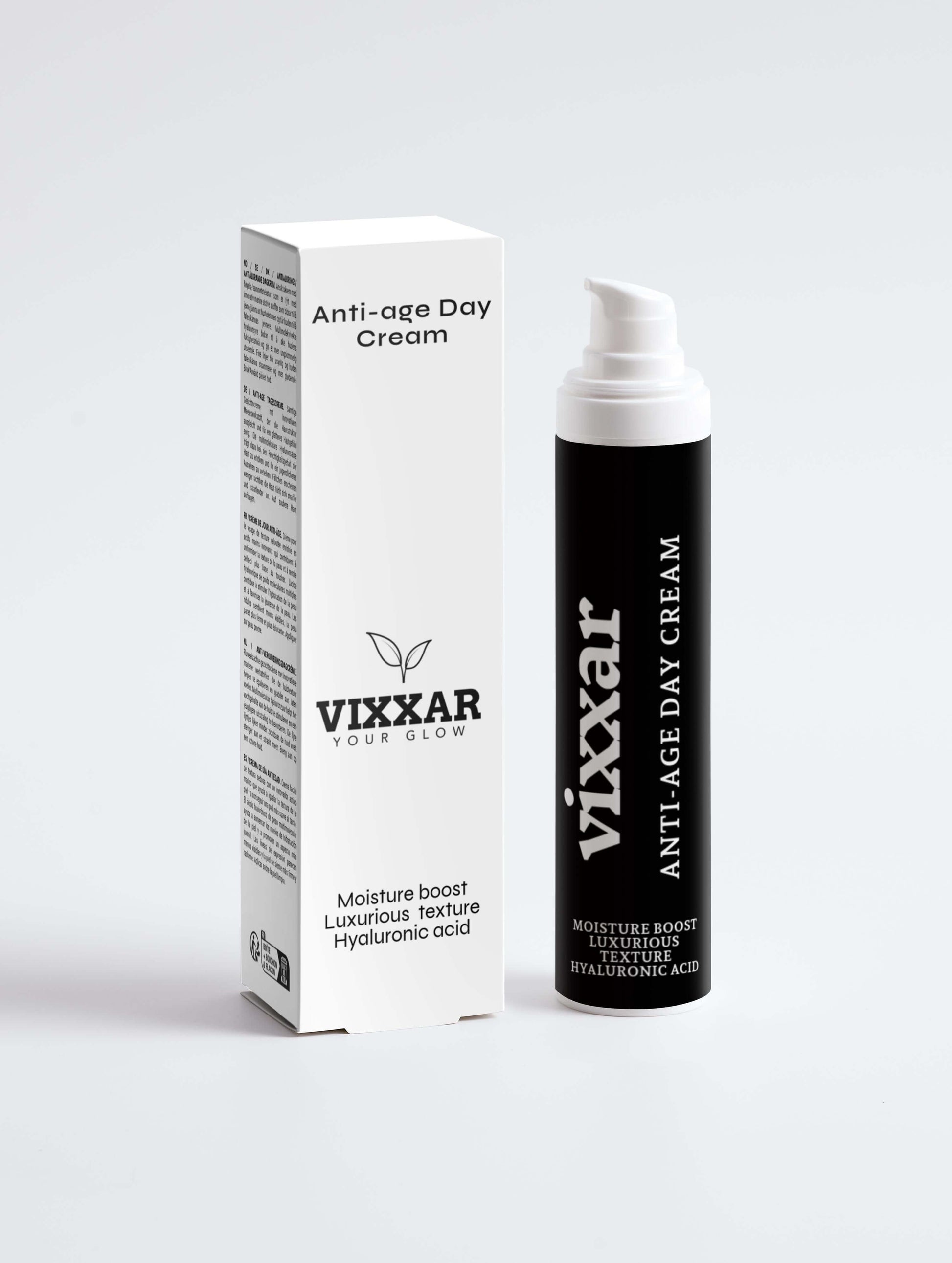 Vixxar Anti-age Day Cream bottle and box, featuring moisture boost with hyaluronic acid for luxurious skin hydration.