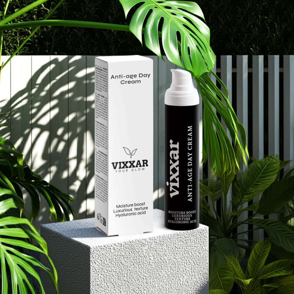 Vixxar Anti-age Day Cream with hyaluronic acid, featured against a lush green backdrop for skincare rejuvenation.