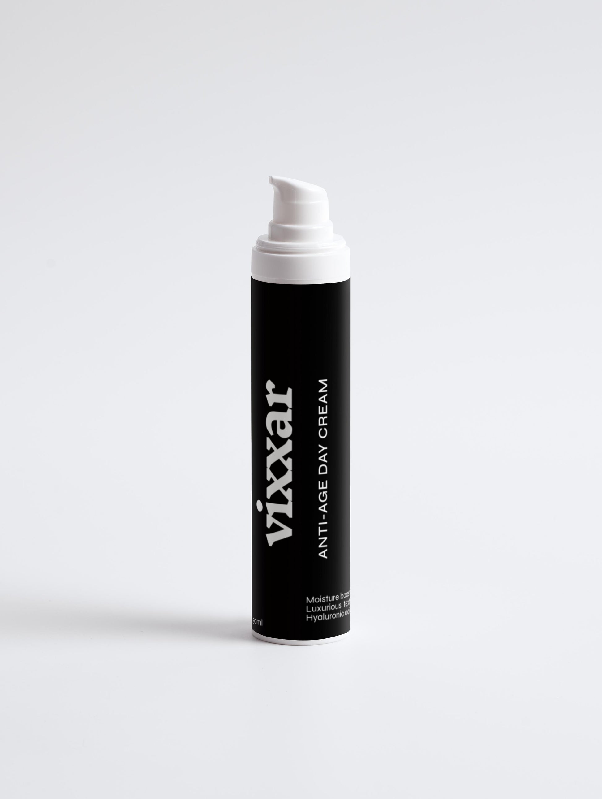 Vixxar Anti-Ageing Day Cream bottle for hydrating and anti-aging skincare, featuring hyaluronic acid for youthful, radiant skin.