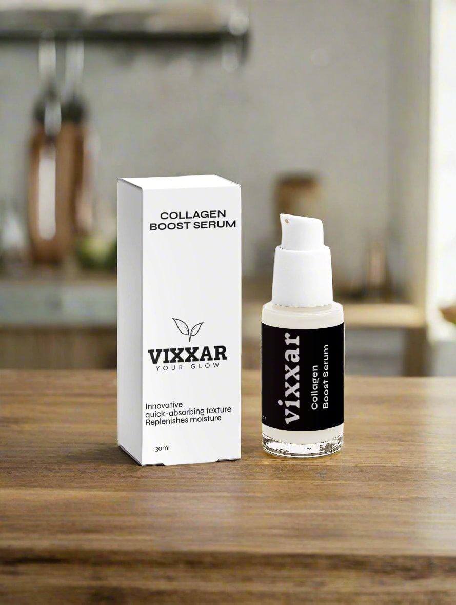 Vixxar Collagen Boost Serum on table, enhances skin with anti-aging, hydrating, and refining benefits, gift-ready skincare.