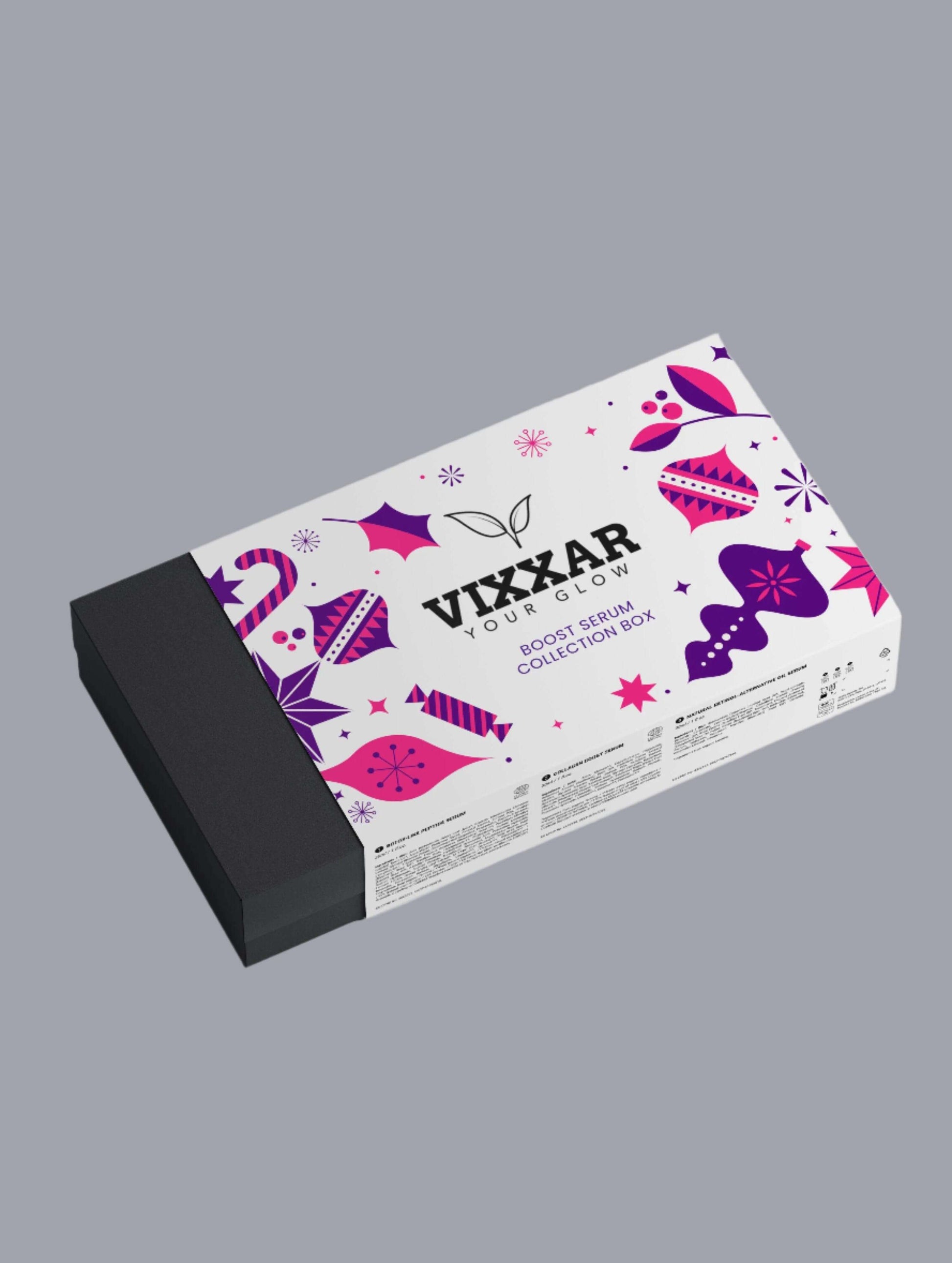Vixxar Boost Serum Collection Box featuring peptide, retinol-alternative, and collagen serums for anti-aging and hydration.