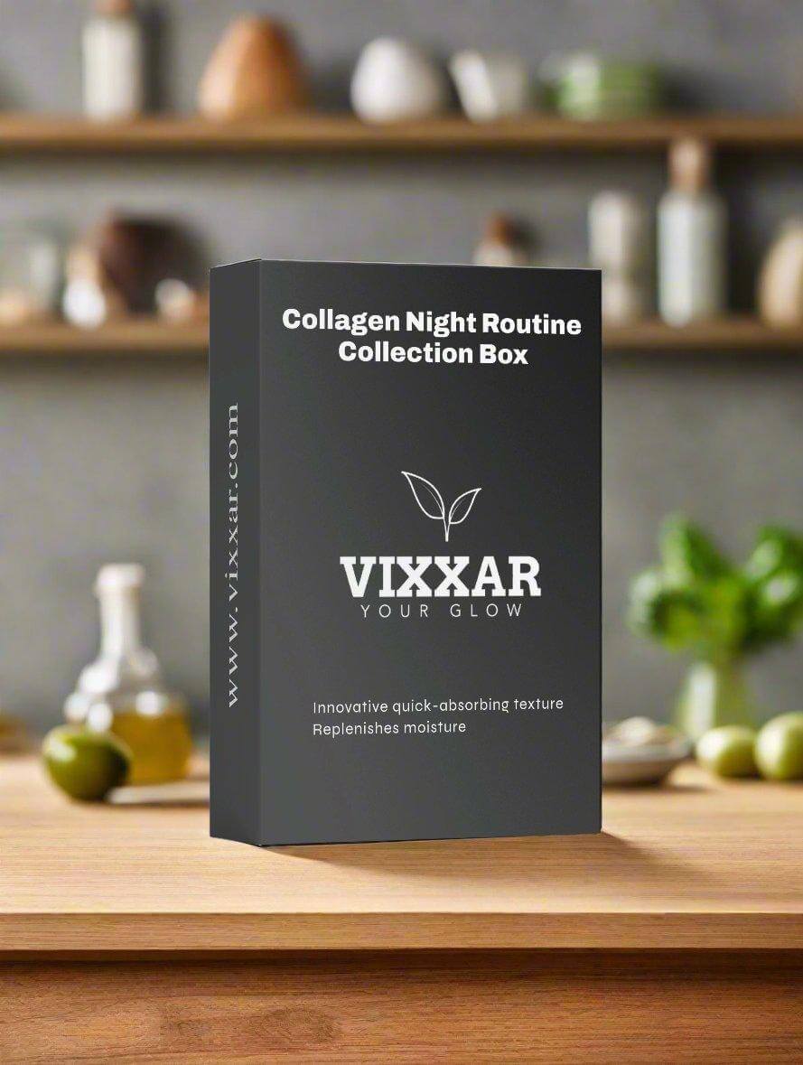 Collagen Night Routine Collection Box with Anti-Aging Night Cream, Serum & Eye Care, Vegan, Fragrance-Free on Wooden Surface
