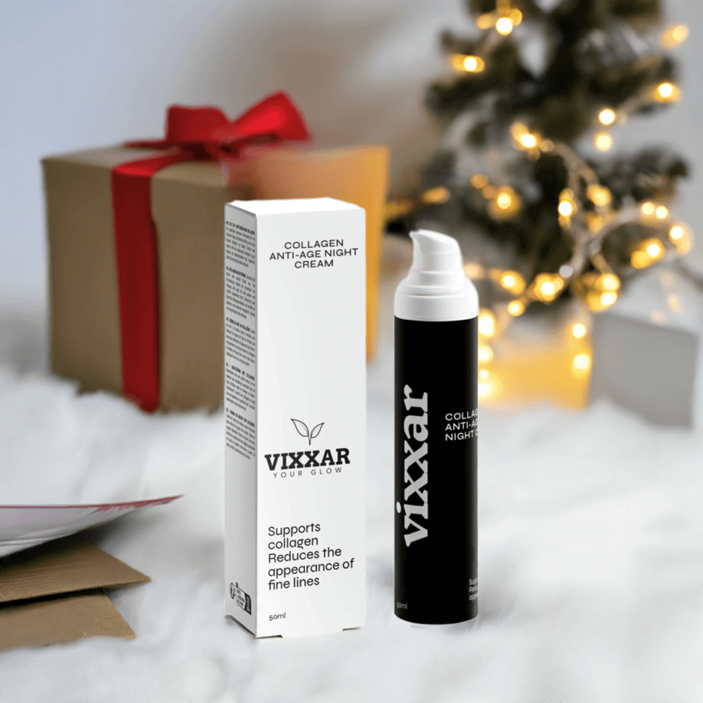 Collagen Anti-Age Night Cream with festive holiday backdrop, perfect for reducing fine lines and achieving youthful, radiant skin.
