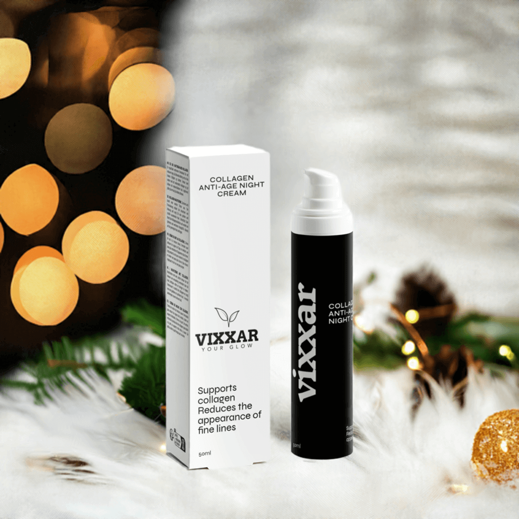 Collagen Anti-Age Night Cream by Vixxar, reduces fine lines, supports collagen, vegan, fragrance-free skincare bottle with festive backdrop.