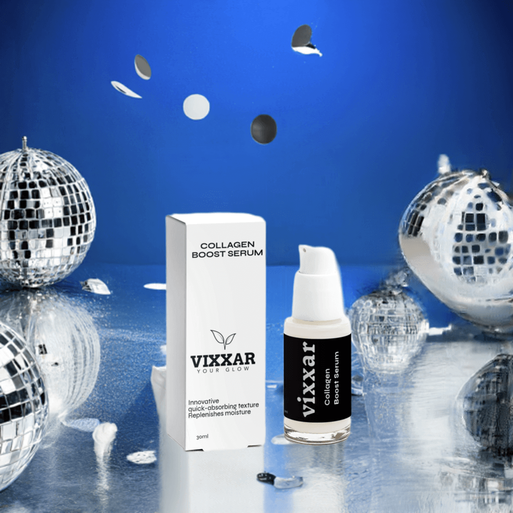 Collagen Boost Serum with box against blue background, part of the Collagen Night Routine Collection for youthful, radiant skin care.