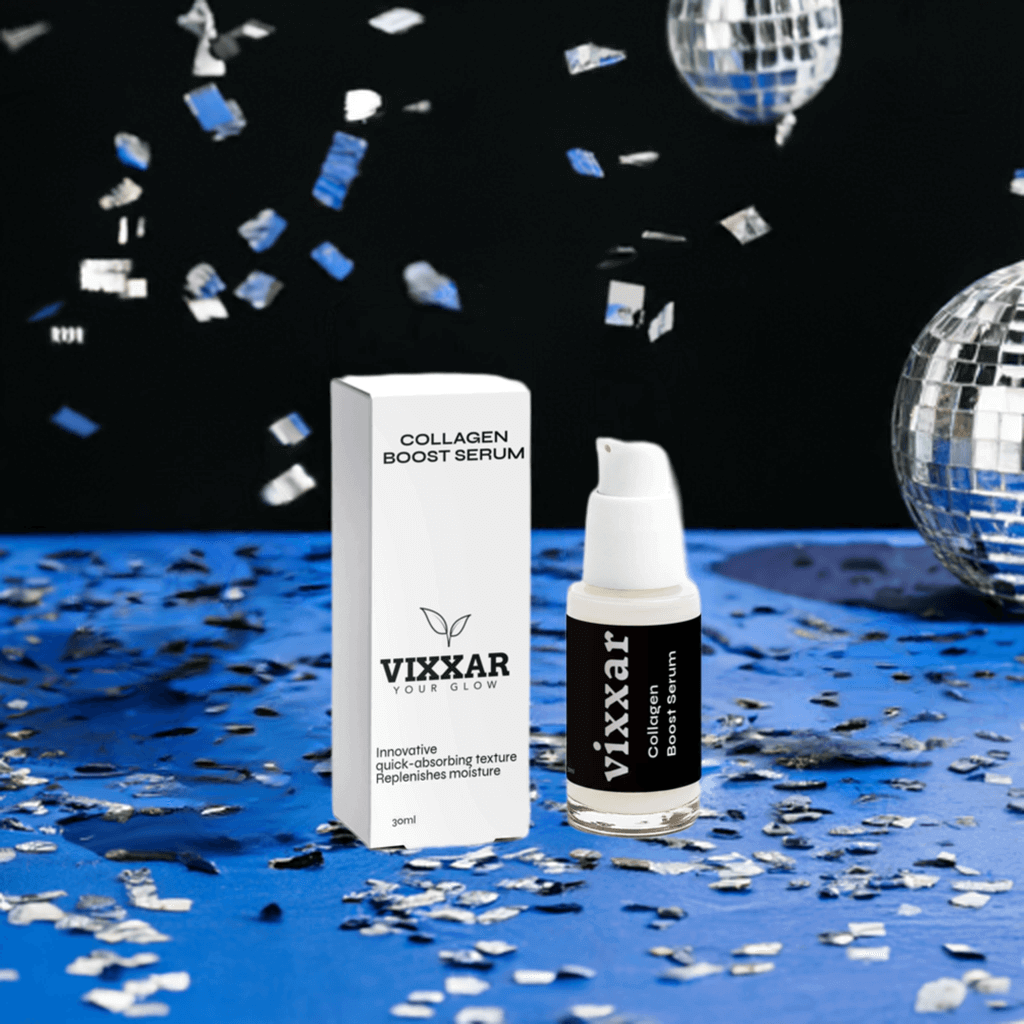 Collagen Boost Serum bottle and packaging - Vegan, Fragrance-Free, Anti-Aging Night Skincare Collection on a festive background.