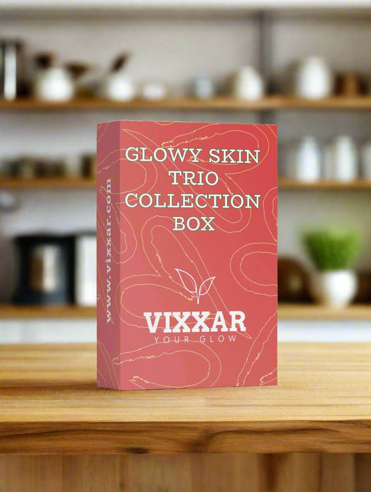 Glowy Skin Trio Collection Box for radiant, hydrated skin – features vegan cleanser, peptide serum, hydrating cream by Vixxar.