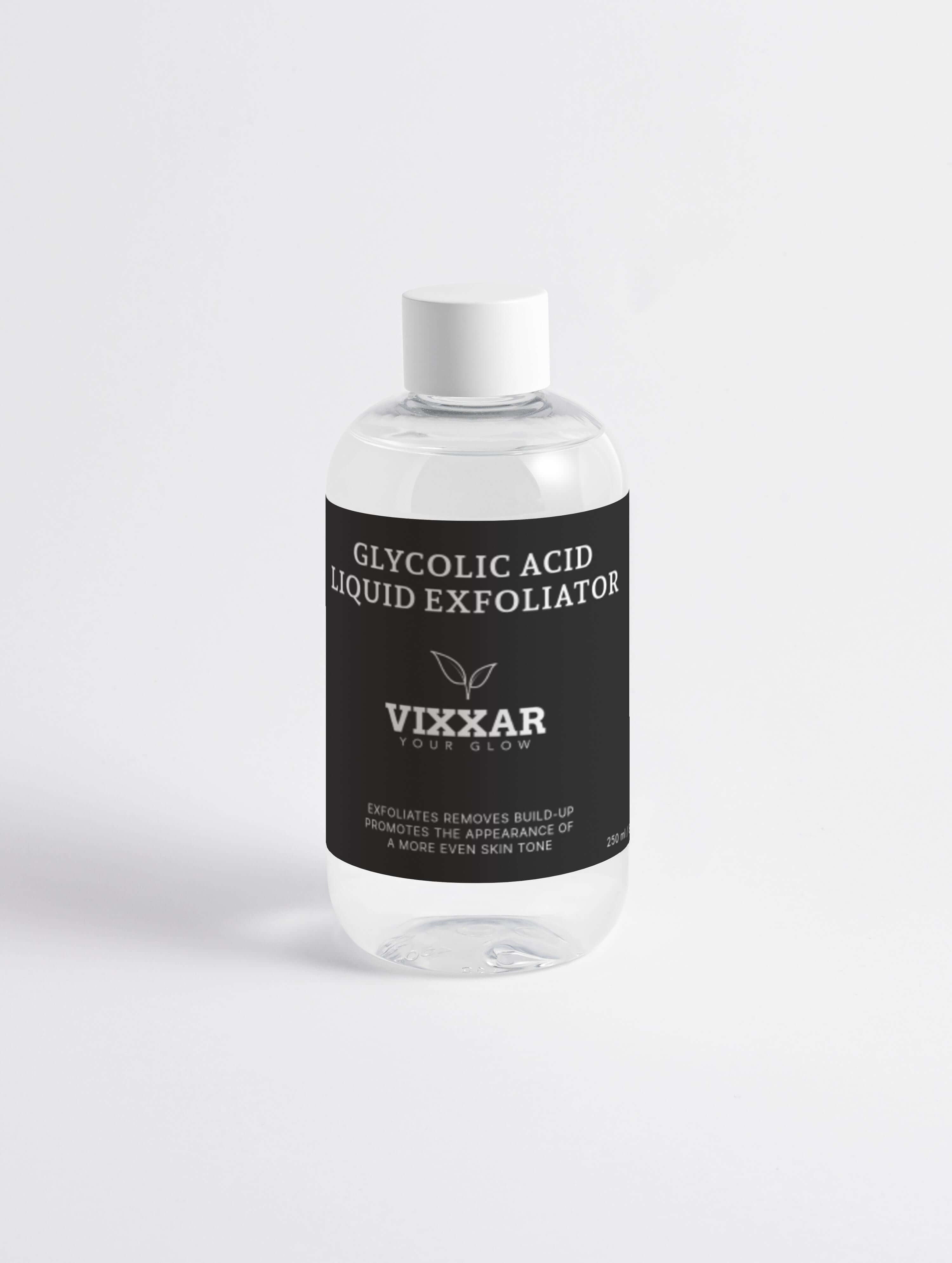 Vixxar Glycolic Acid Liquid Exfoliator 250ml bottle for radiant, smooth skin, vegan, hydrating, anti-aging, retinol alternative.