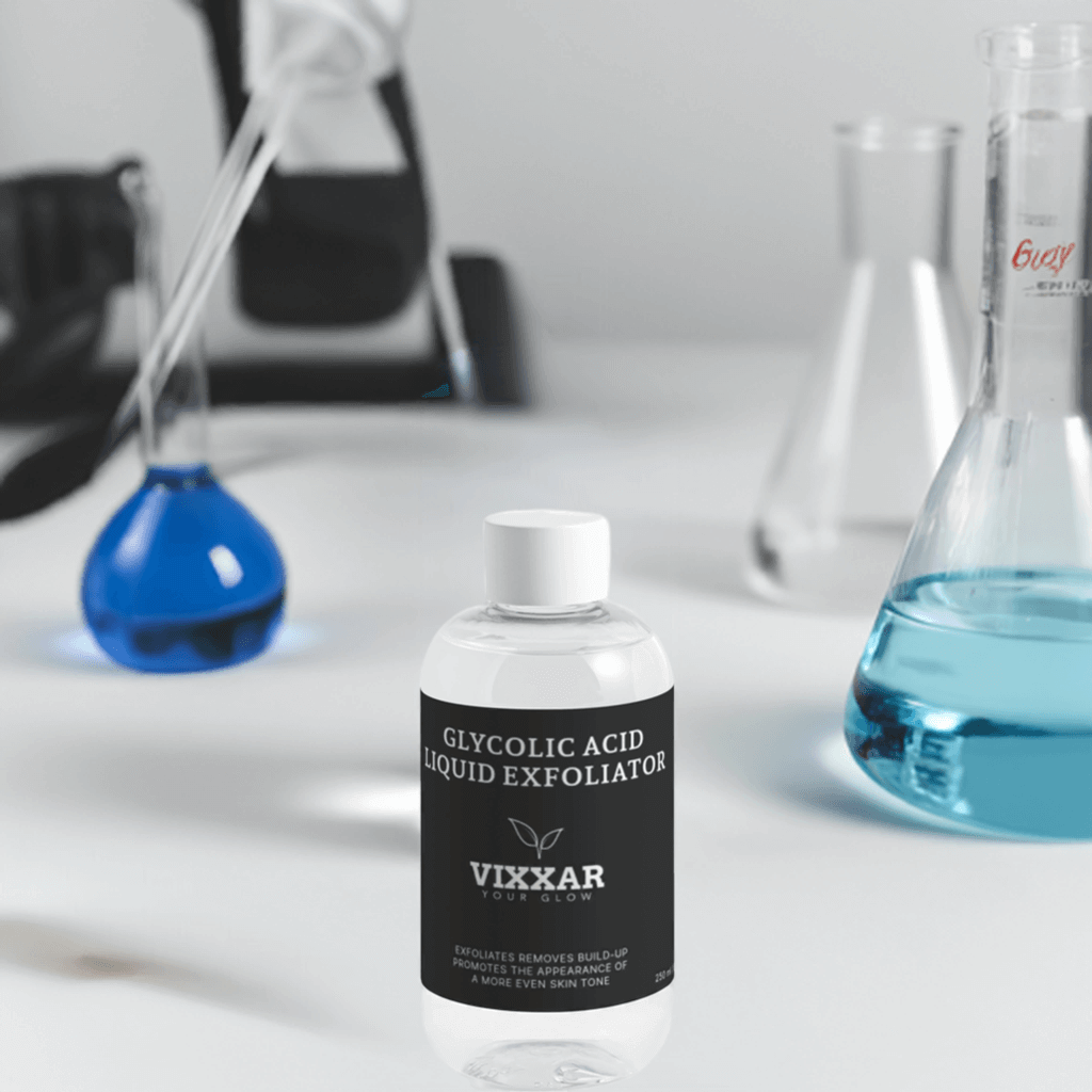 Vegan Glycolic Acid Liquid Exfoliator by Vixxar, 250ml bottle for radiant skin with AHAs in a lab setting