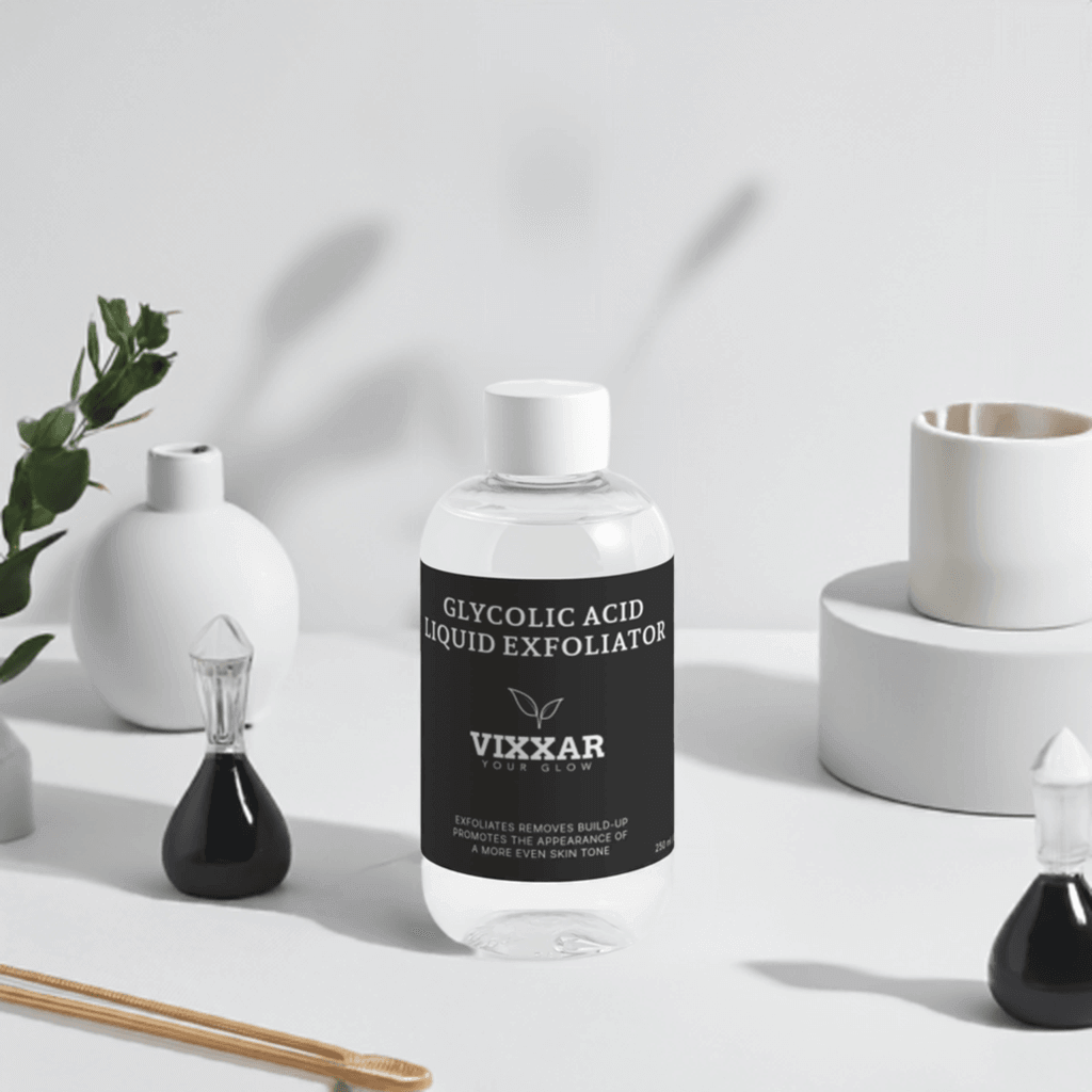 Vegan Glycolic Acid Liquid Exfoliator 250ml, brightening and refining skin care solution with 7% AHA for smooth, even skin.