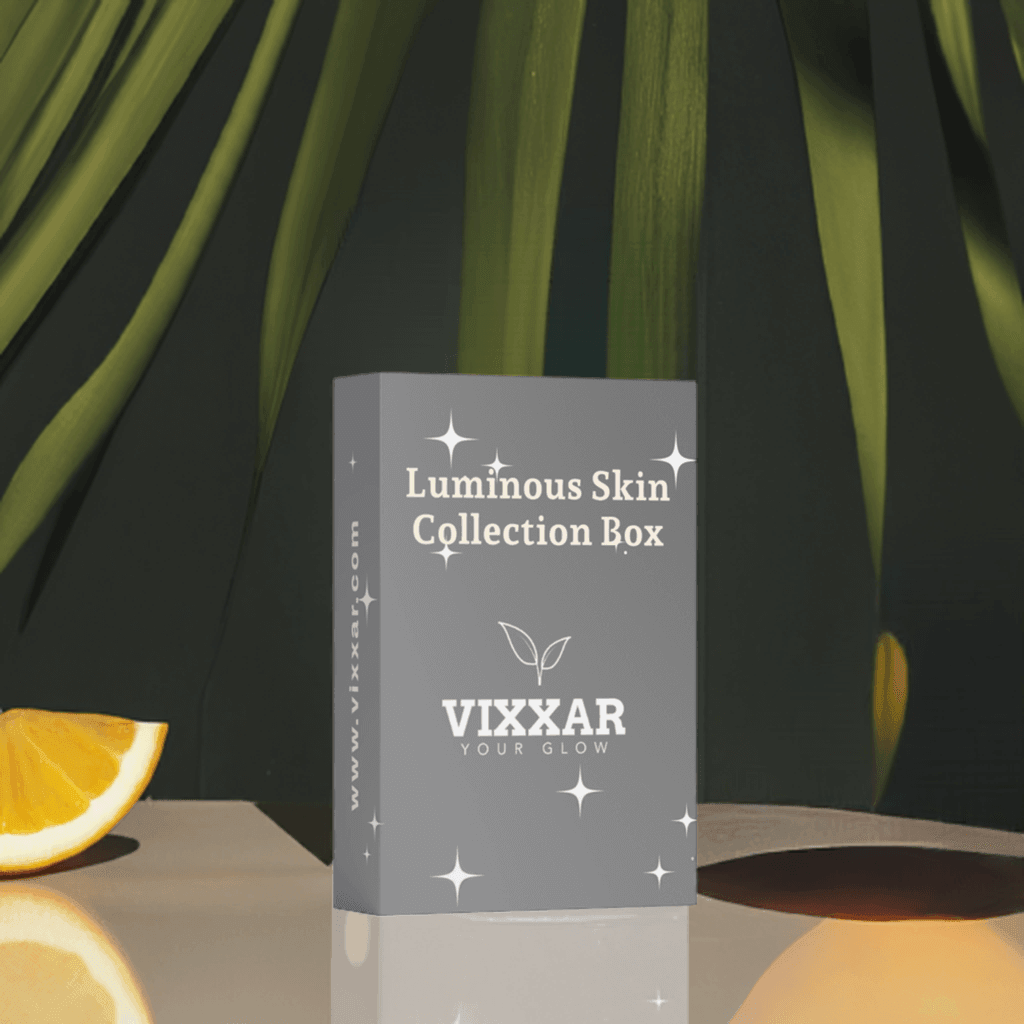 Radiance Boosting Skincare Trio box from Vixxar, featuring the Luminous Skin Collection against a tropical backdrop.