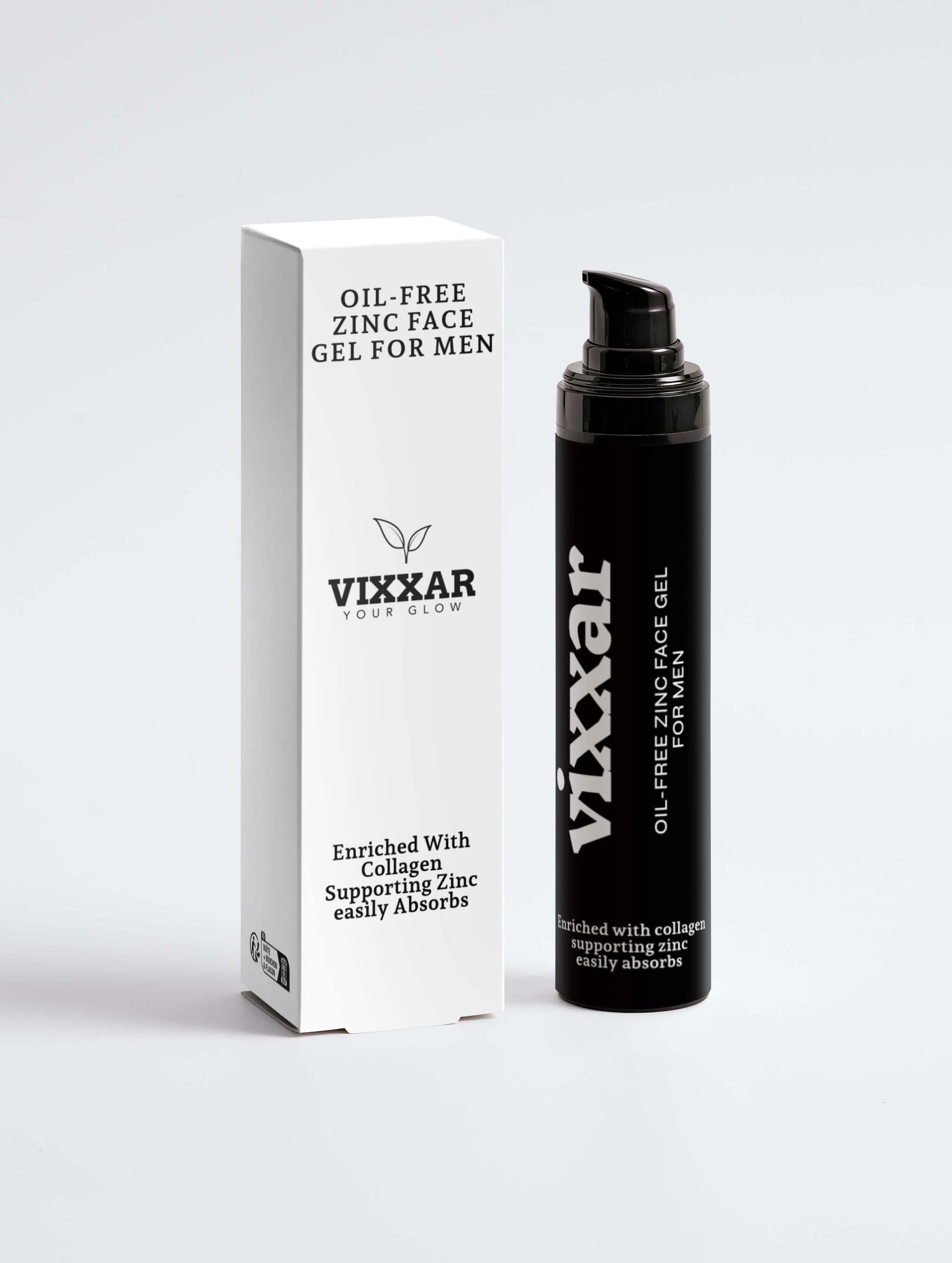 Vixxar Oil-Free Zinc Face Gel for Men with collagen, lightweight hydration, oil control, and shine-free skincare for men.