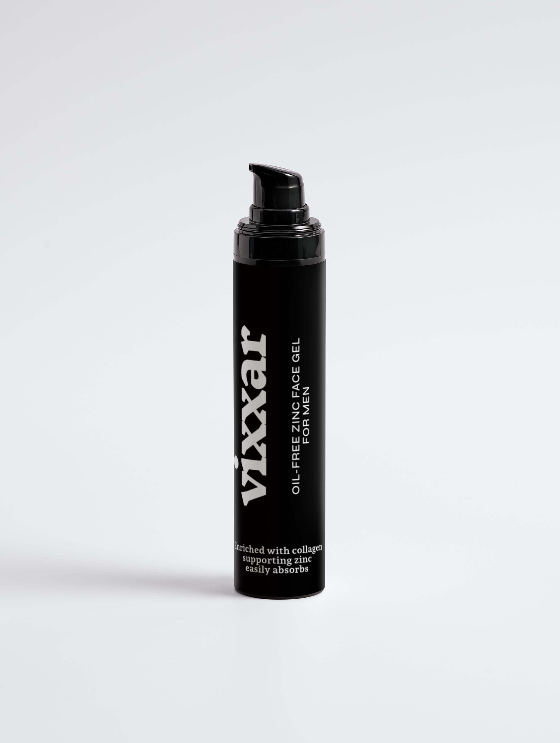 Vixxar Oil-Free Zinc Face Gel for Men, lightweight hydration and shine control, enriched with collagen, ideal for oily and sensitive skin.