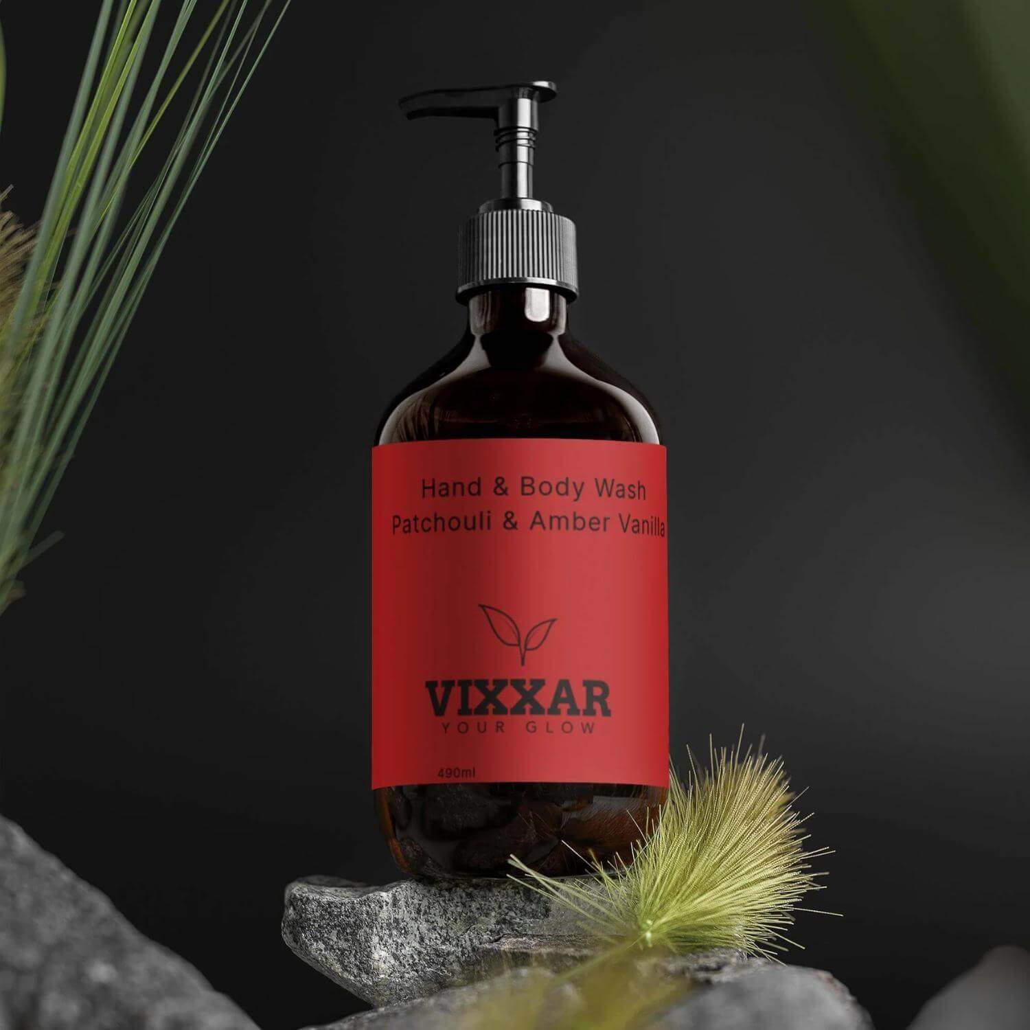 Vegan Patchouli & Amber Vanilla Hydrating Hand & Body Wash 490ml by Vixxar - Luxurious Cleanser Bottle in Nature Setting