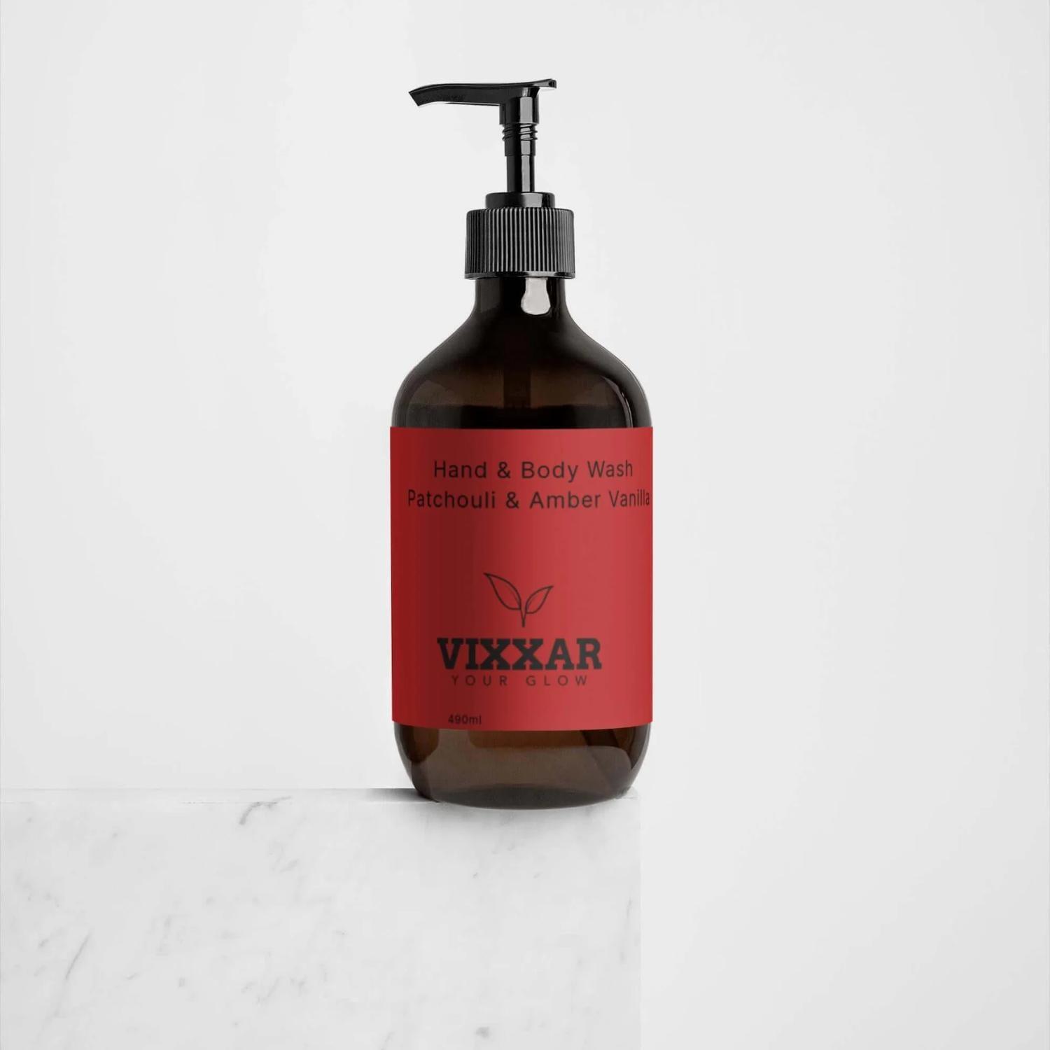 Vegan Hydrating Cleanser - Patchouli & Amber Vanilla Hand & Body Wash 490ml by Vixxar for luxurious skincare