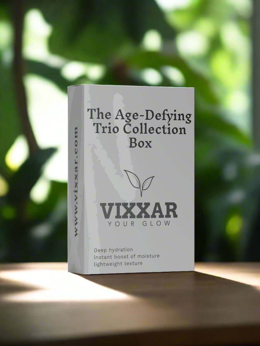 Vixxar Age-Defying Trio Collection Box offering deep hydration for youthful skin with peptide serum and mineral sunscreen benefits.