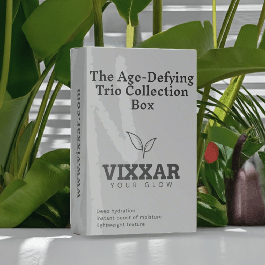 Age-Defying Trio Collection Box by Vixxar - Anti-Aging Skincare Set with Peptide Serum, SPF 50 Sunscreen, and Serum for Sensitive Skin.
