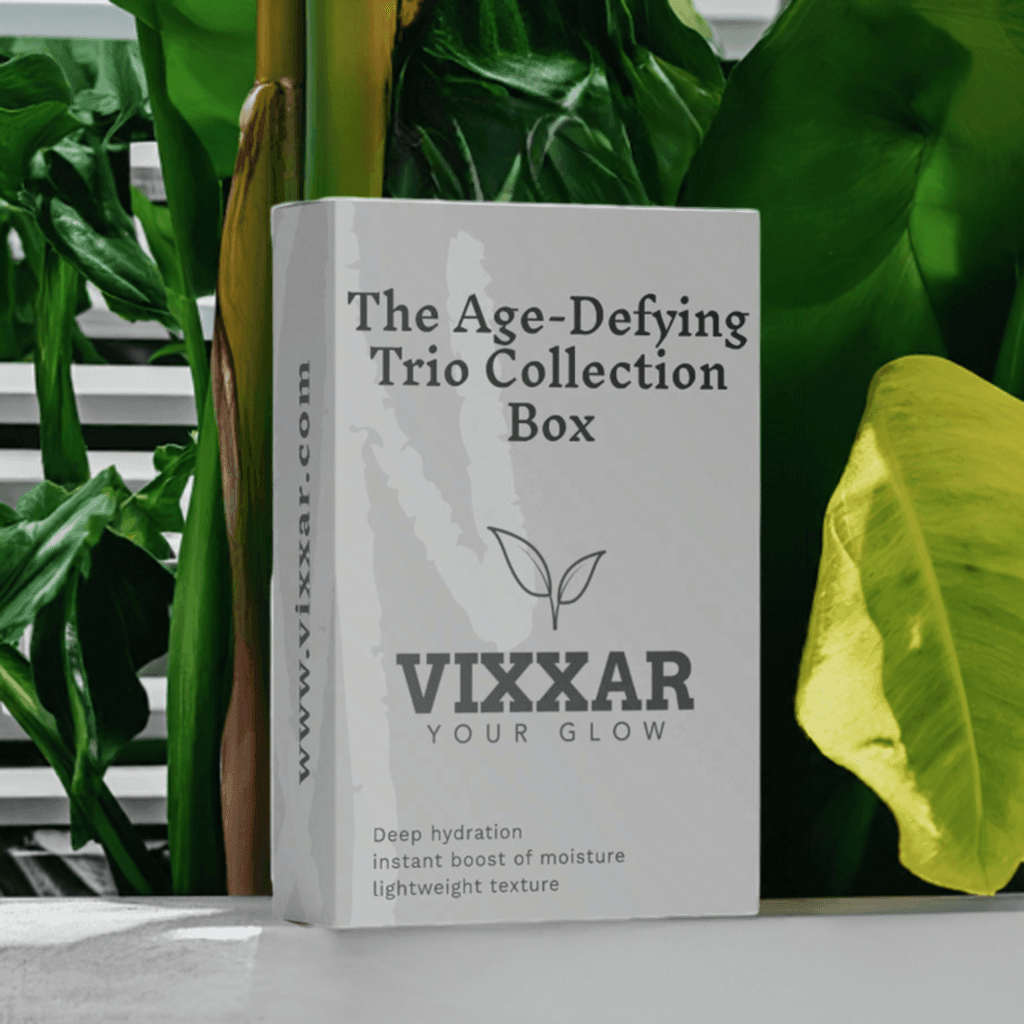 Age-Defying Trio Collection Box by Vixxar, anti-aging skincare set for hydration, peptide serum, SPF 50, and sensitive skin care