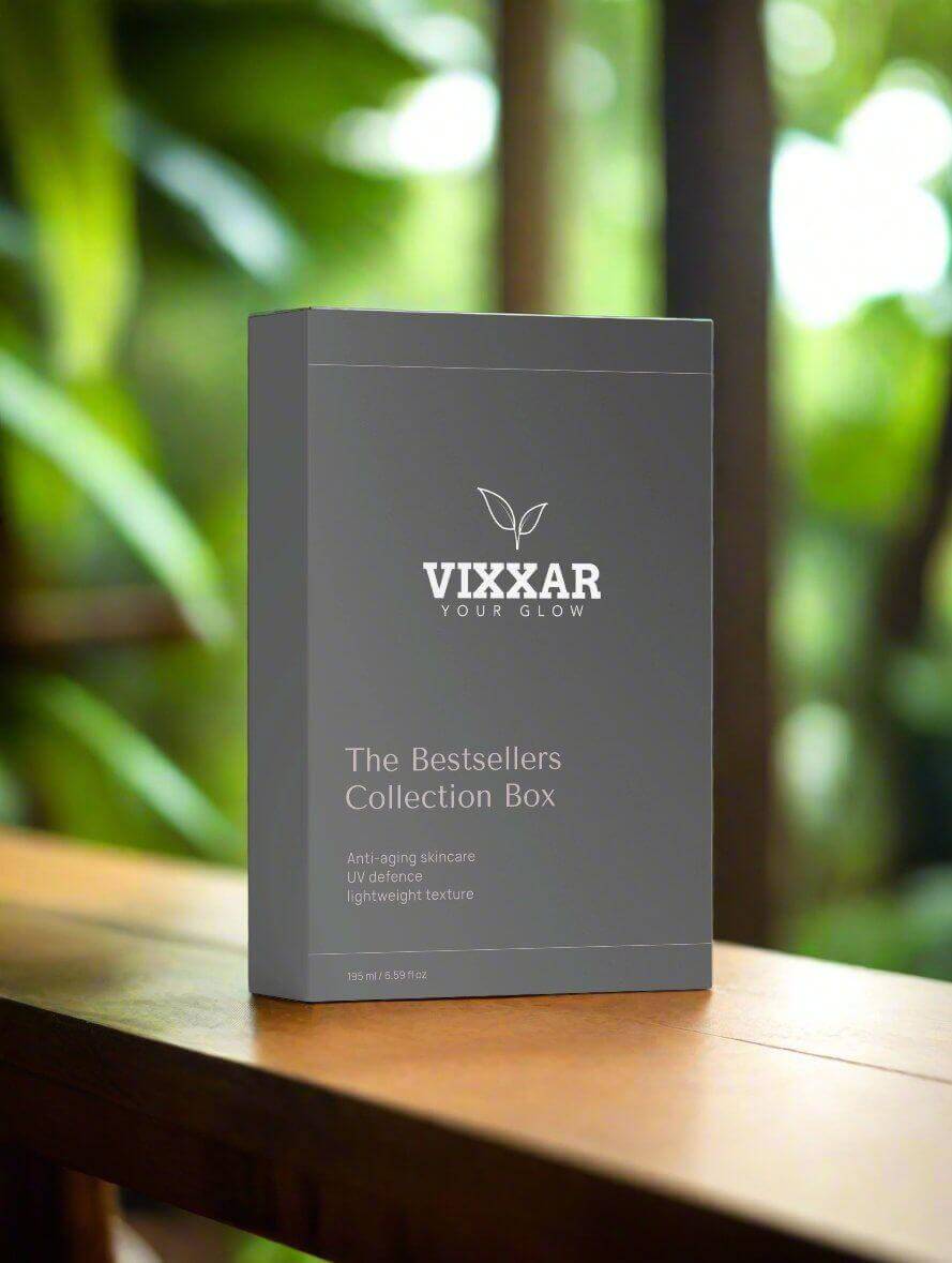Vixxar Bestsellers Collection Box - Skincare Set with SPF30, Day Cream & Peptide Serum on wooden surface