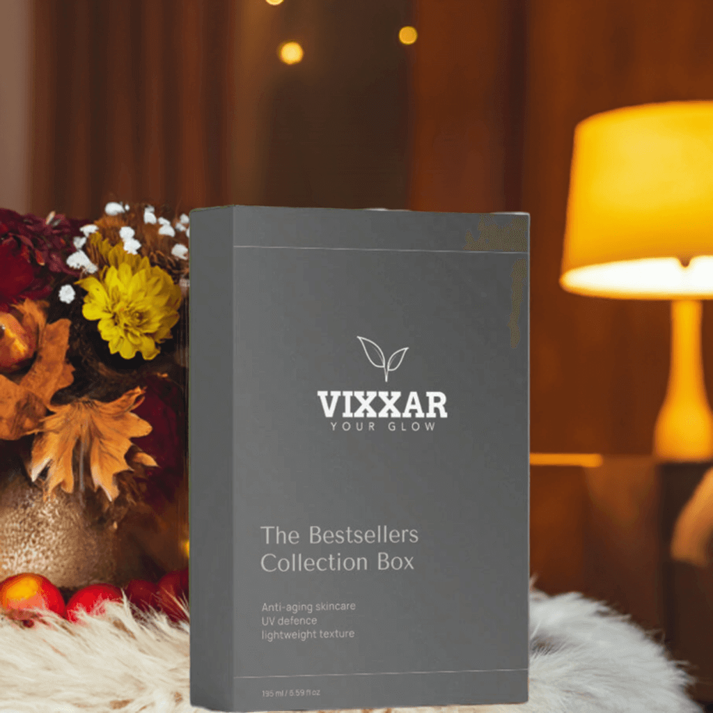 Vixxar Bestsellers Skincare Collection Box displayed against a cozy autumn background.