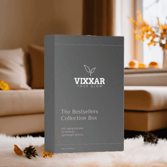 Vixxar Bestsellers Skincare Collection Box displayed in cozy living room setting, featuring anti-aging, UV defense, and lightweight texture.